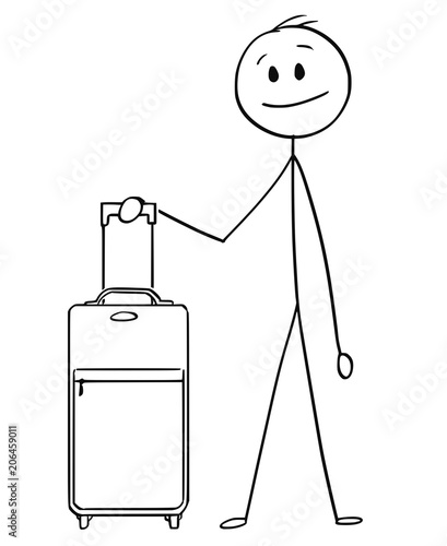 Cartoon stick man drawing conceptual illustration of man or male tourist with wheeled luggage or case going on holiday or vacation.