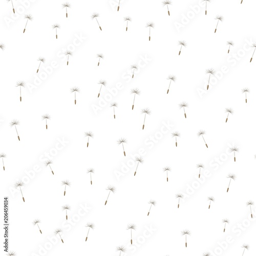 Fototapeta Naklejka Na Ścianę i Meble -  Flying dandelion seed white background seamless pattern. Template with elements of nature. Eco vector illustration