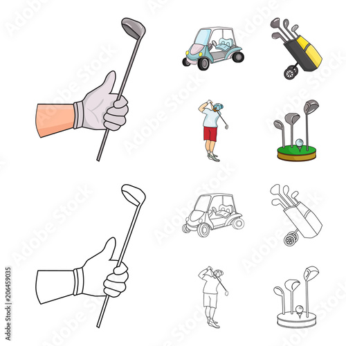 A gloved hand with a stick, a golf cart, a trolley bag with sticks in a bag, a man hammering with a stick. Golf Club set collection icons in cartoon,outline style vector symbol stock illustration web.