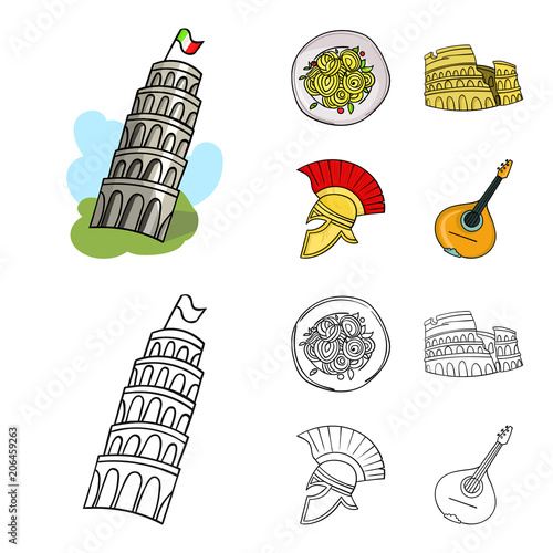 Pisa tower, pasta, coliseum, Legionnaire helmet.Italy country set collection icons in cartoon,outline style vector symbol stock illustration web.