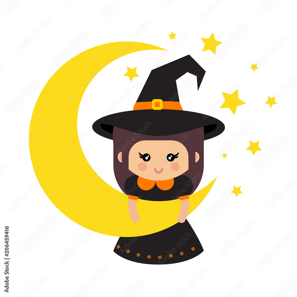 cartoon cute witch hat on a moon