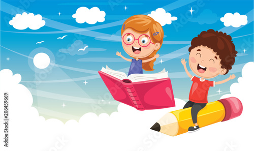 Vector Illustration Of School Children Flying