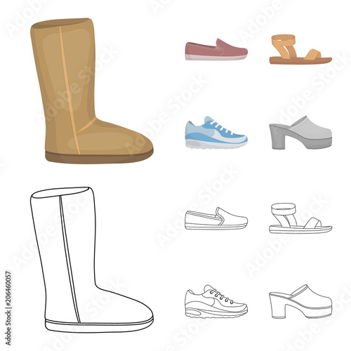 Beige ugg boots with fur, brown loafers with a white sole, sandals with a fastener, white and blue sneakers. Shoes set collection icons in cartoon,outline style vector symbol stock illustration web.