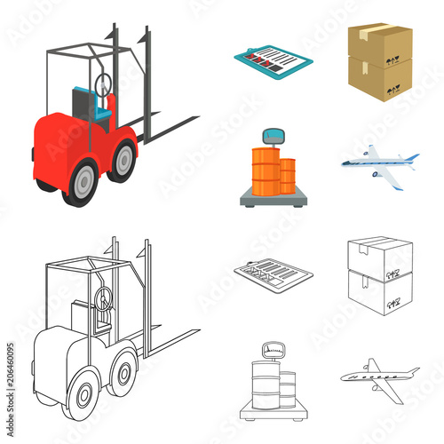 Forklift, delivery slips, packaged goods, cargo on weighing scales. Logistics and delivery set collection icons in cartoon,outline style isometric vector symbol stock illustration web.