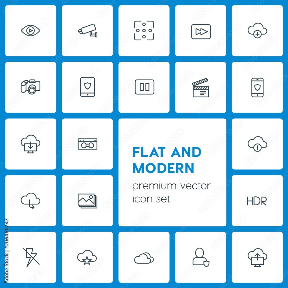 Modern Simple Set of cloud and networking, security, video, photos Vector outline Icons. Contains such Icons as camera, sky, video, travel and more on dark background. Fully Editable. Pixel Perfect Modern Simple Set of cloud and networking, security, video, photos Vector outline Icons. Contains such Icons as camera, sky, video, travel and more on dark background. Fully Editable. Pixel Perfect
