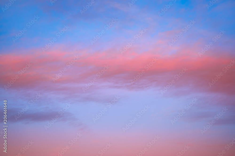 Sunset sky with orange clouds and blue skies