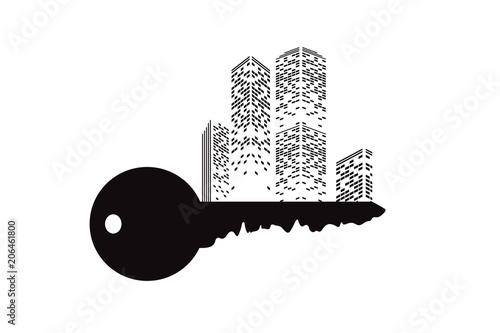 Vector silhouette of key with city on white background.