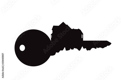 Vector silhouette of key with house on white background.