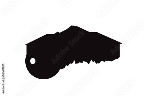 Vector silhouette of key with house on white background.