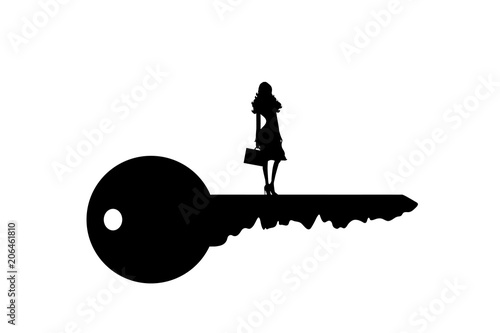 Vector silhouette of key with businesswomanon white background.