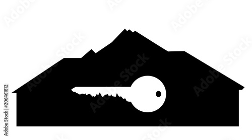 Vector silhouette of house with key on white background.