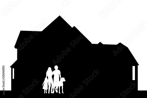 Vector silhouette of house with family on white background.