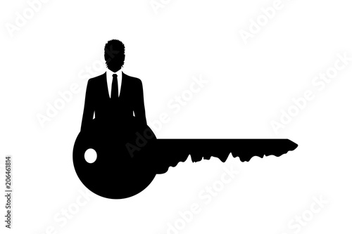 Vector silhouette of key with businessman on white background.