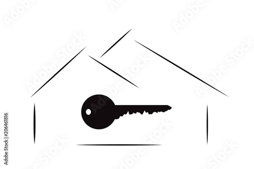 Vector silhouette of house with key on white background.
