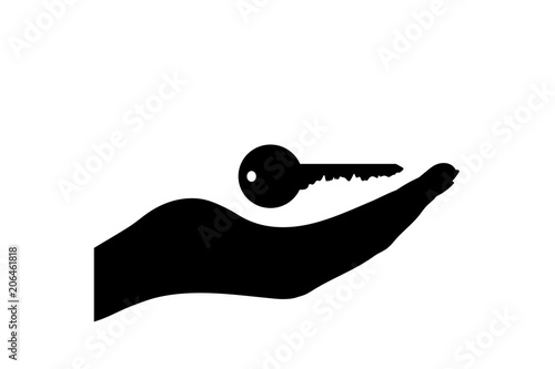 Vector silhouette of hand show key on white background.