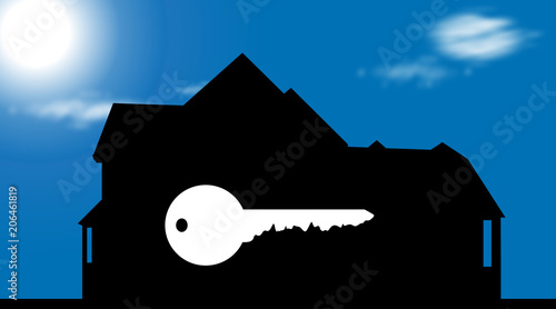 Vector silhouette of house with key on blue background.