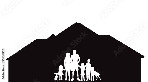 Vector silhouette of house with family on white background.