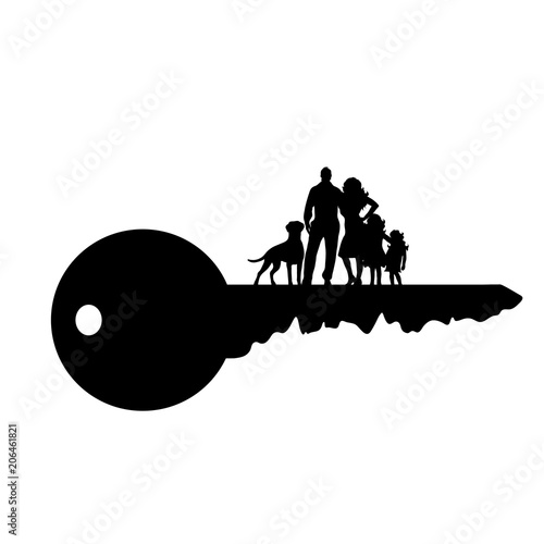 Vector silhouette of key with family on white background.