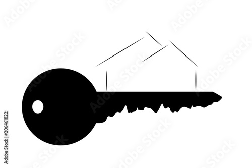 Vector silhouette of key with house on white background.