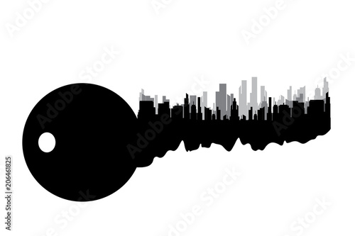 Vector silhouette of key with city on white background.