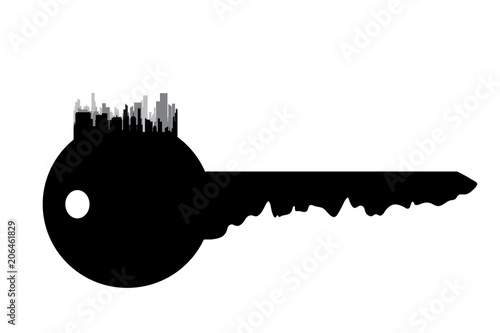 Vector silhouette of key with city on white background.
