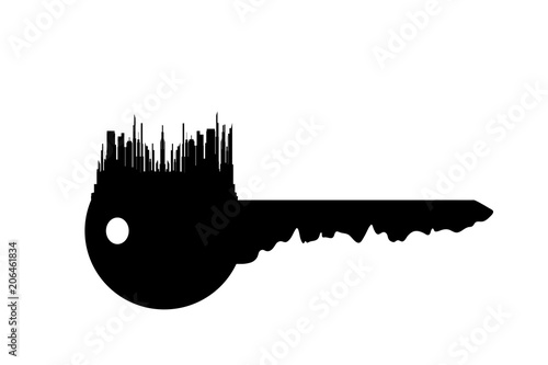 Vector silhouette of key with city on white background.