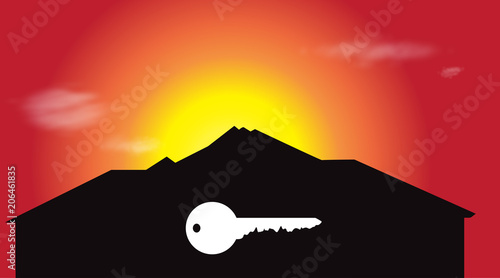 Vector silhouette of house with key on sunset.