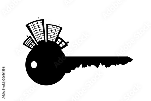 Vector silhouette of key with city on white background.