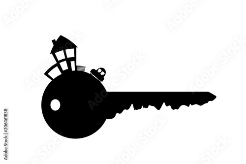 Vector silhouette of key with house on white background.