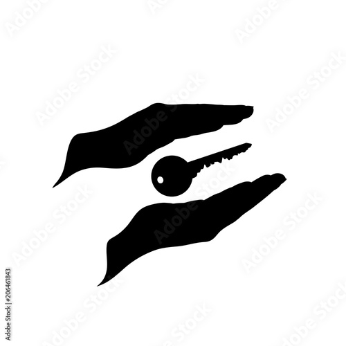 Vector silhouette of hand protect key on white background.
