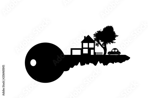 Vector silhouette of key with house on white background.