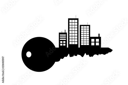Vector silhouette of key with city on white background.