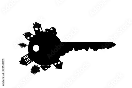 Vector silhouette of key with house on white background.