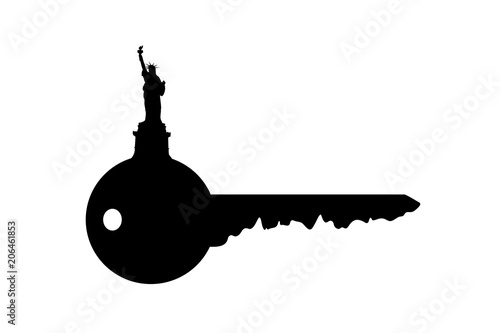 Vector silhouette of key with Statue of Liberty on white background.