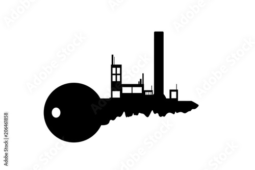 Vector silhouette of key with factory on white background.