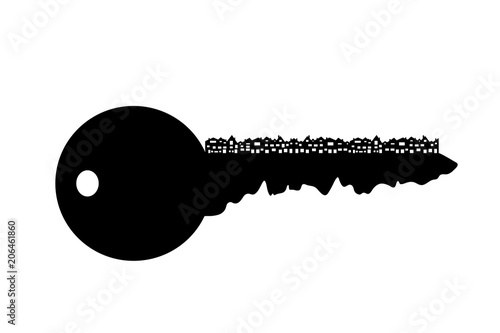 Vector silhouette of key with city on white background.