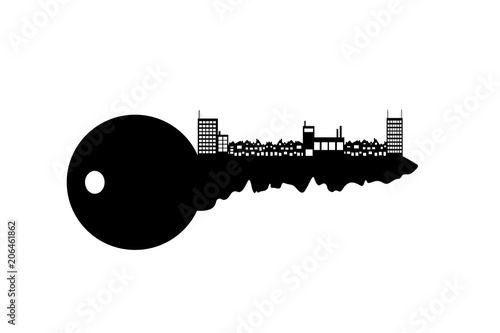 Vector silhouette of key with city on white background.