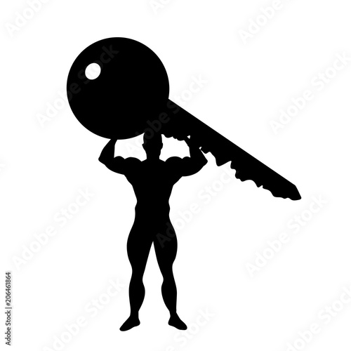 Vector silhouette of man with key on white background.