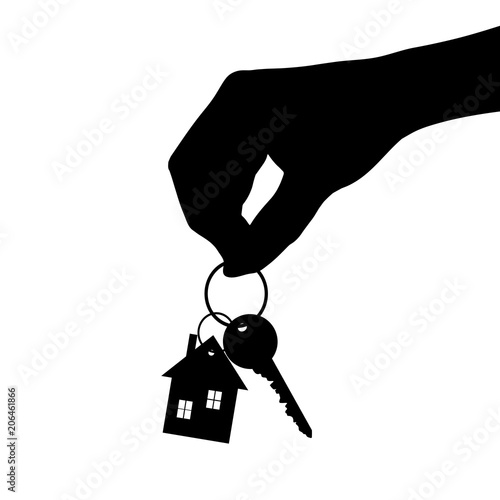 Vector silhouette of hand show of keys from the house on white background.