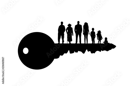 Vector silhouette of key with family on white background.