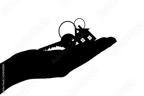Vector silhouette of hand show of keys from the house on white background.