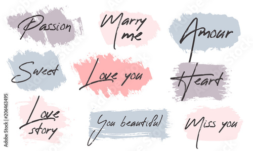 Vector brush stroke Boxes set. Painted strips, round, square. Grunge texture. The text about love for postcards. Pastel color on white background. Hand draw illustration. photo