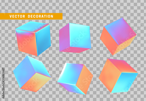 Design element set in shape of 3d cubes bright neon color. Square isolated with transparent background