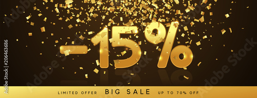 Discount voucher template design with gold confetti tinsel. Coupon card, sale banner template. 15 percent Vector illustration