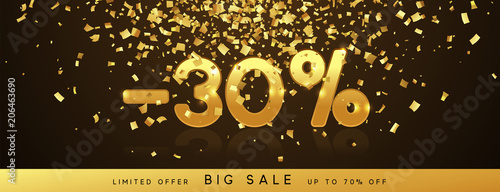 Discount voucher template design with gold confetti tinsel. Coupon card, sale banner template. 30 percent Vector illustration
