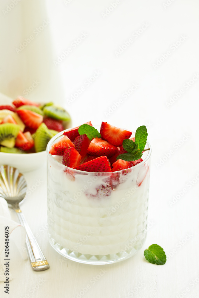 Yogurt with strawberries. Dietary breakfast. Yogurt with strawberries. Dietary breakfast.