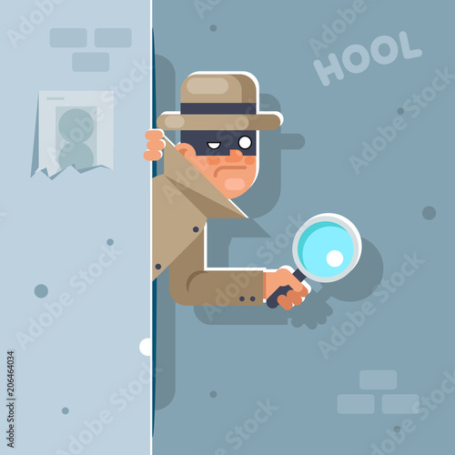 Look our corner spy magnifying glass mask detective cartoon character flat design vector illustration