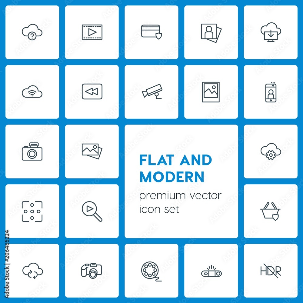 Modern Simple Set of cloud and networking, security, video, photos Vector outline Icons. Contains such Icons as  media,  sky,  update, camera and more on dark background. Fully Editable. Pixel Perfect