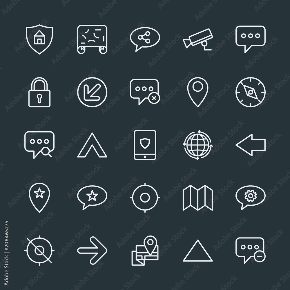 Modern Simple Set of location, arrows, chat and messenger, security Vector outline Icons. Contains such Icons as message, surveillance and more on dark background. Fully Editable. Pixel Perfect. Modern Simple Set of location, arrows, chat and messenger, security Vector outline Icons. Contains such Icons as message, surveillance and more on dark background. Fully Editable. Pixel Perfect.