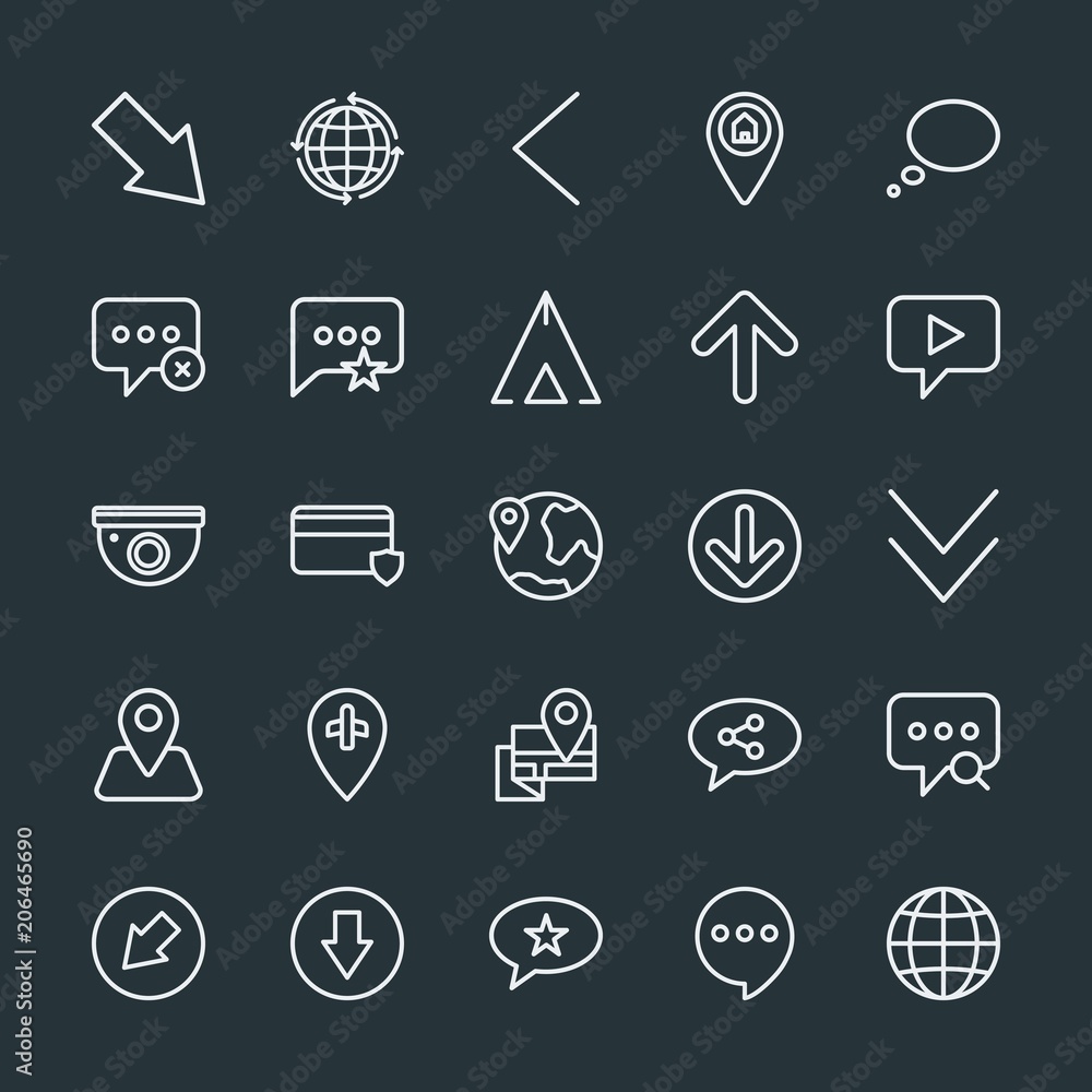 Modern Simple Set of location, arrows, chat and messenger, security Vector outline Icons. Contains such Icons as speech, social,  planet and more on dark background. Fully Editable. Pixel Perfect.